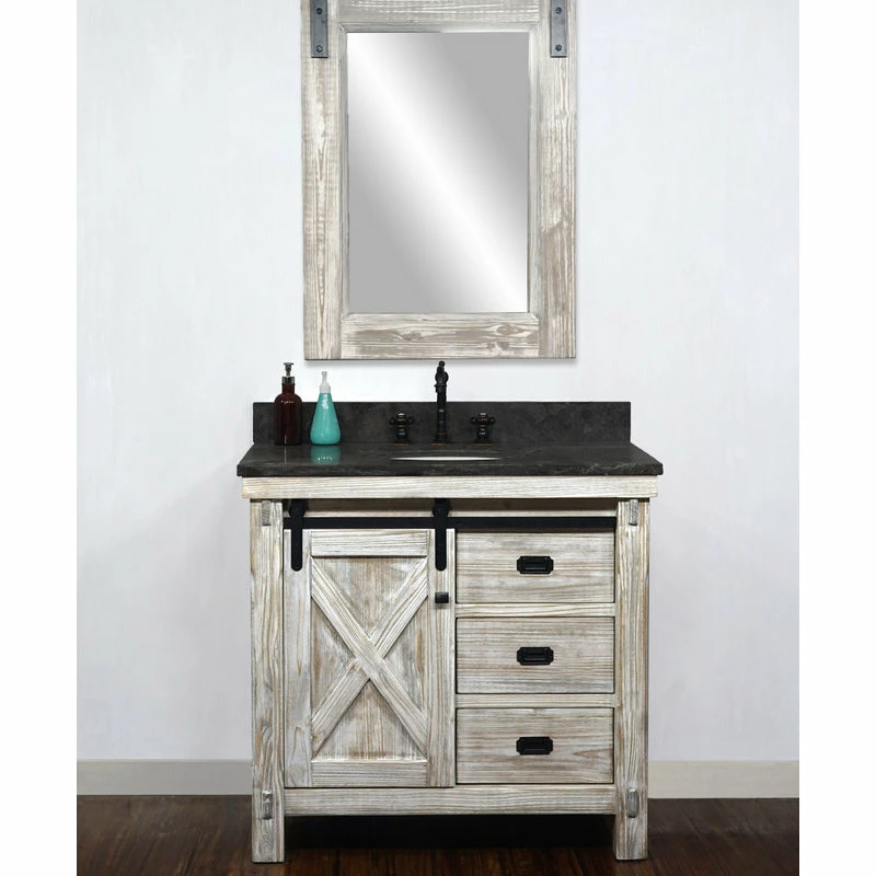 Best Pirce ๐ InFurniture Inc., 37" Rustic Solid Fir Barn Door Style Single Sink Vanity Dark Limestone Top โค๏ธ - Image 2