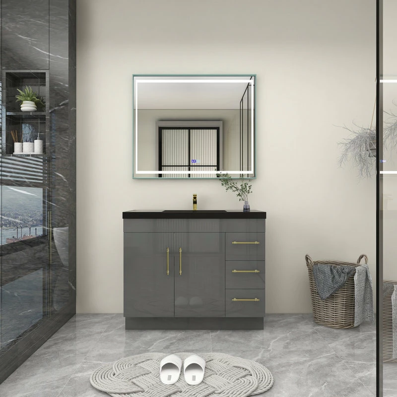 Best Sale ๐ Jade Bath Rosa 42" Free Standing Modern Vanity, High Gloss Gray, Black Top โ - Image 2