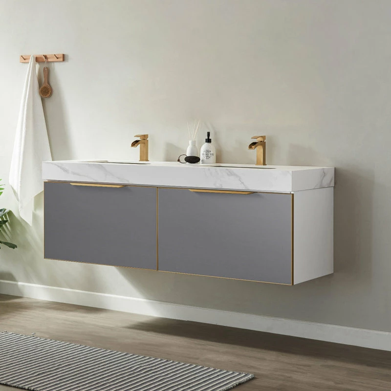 Deals 🔥 Vinnova Alicante Vanity With Stone Countertop, Elegant Grey, 60", Without Mirror 🥰 - Image 3