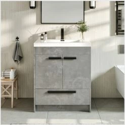 Cheapest 🎁 Eviva LLC Eviva Lugano Cement Gray Modern Bathroom Vanity W/ White Integrated Top, 30" 🎁