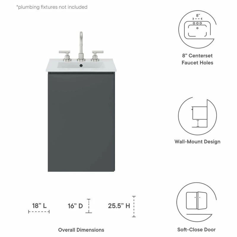 Flash Sale โค๏ธ LexMod Bryn 18" Wall-Mount Bathroom Vanity, Gray White ๐ - Image 8