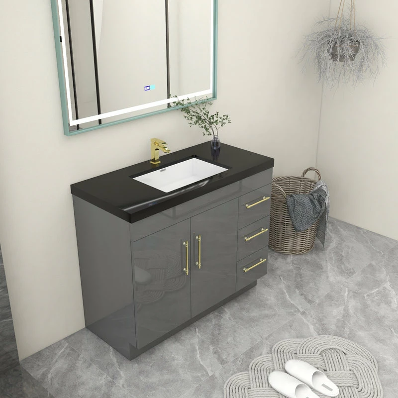 Best Sale ๐ Jade Bath Rosa 42" Free Standing Modern Vanity, High Gloss Gray, Black Top โ - Image 6