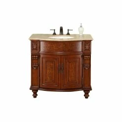 Brand new 🌟 Silkroad Exclusive 36 Inch Cherry Brown Bathroom Vanity With Single Sink, Travertine, Traditional ⭐