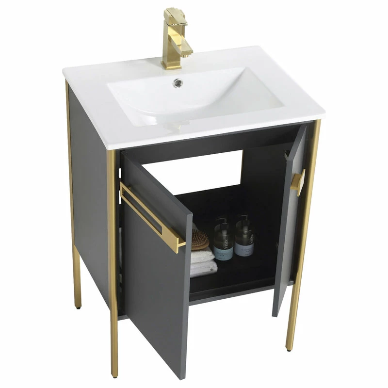 Budget ๐ฏ Fine Fixtures Oakville Bath Vanity, Ceramic Sink, Onix Grey, 24 Inch, Satin Brass Hardware โ - Image 3