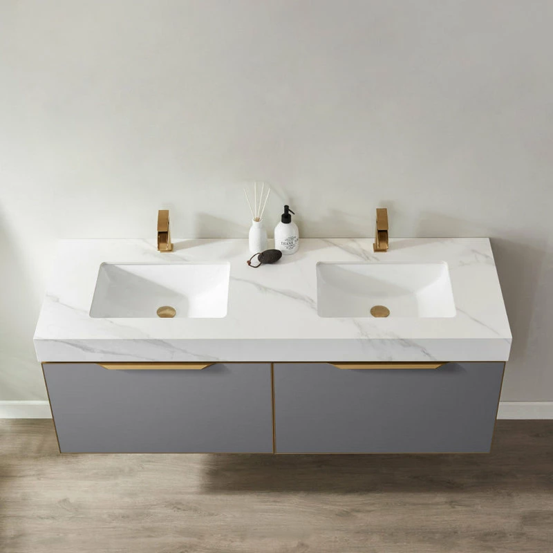 Deals 🔥 Vinnova Alicante Vanity With Stone Countertop, Elegant Grey, 60", Without Mirror 🥰 - Image 5