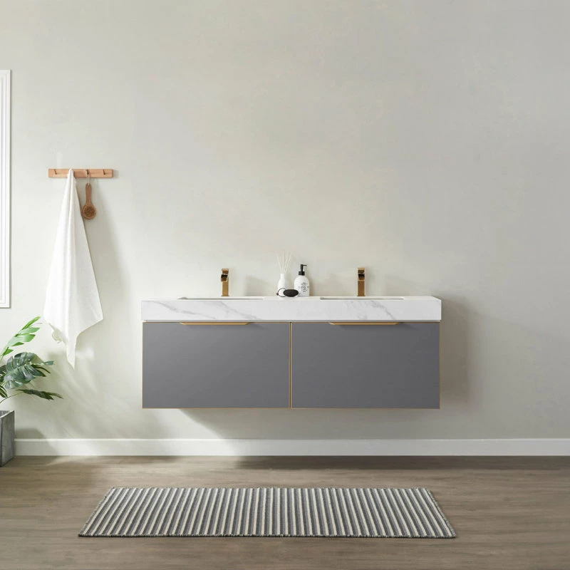 Deals 🔥 Vinnova Alicante Vanity With Stone Countertop, Elegant Grey, 60", Without Mirror 🥰 - Image 10