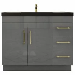 Best Sale 👏 Jade Bath Rosa 42" Free Standing Modern Vanity, High Gloss Gray, Black Top ⌛
