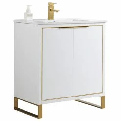 Best Pirce 💯 Fine Fixtures Opulence Bath Vanity, White Ceramic Sink, White Matt, 30", Satin Brass Hardware ✔️