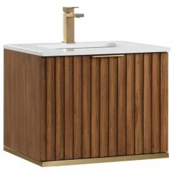 Hot Sale ✨ BEMMA Terra 24" Wallmount Bathroom Vanity, Walnut-Satin Brass With White Granite, 24" ✔️