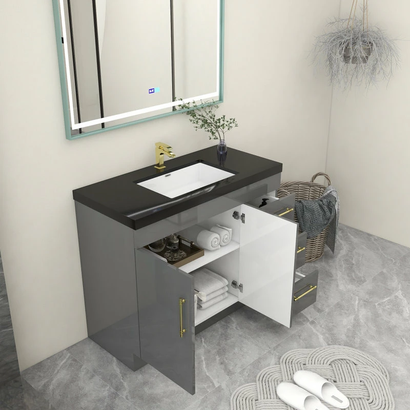 Best Sale ๐ Jade Bath Rosa 42" Free Standing Modern Vanity, High Gloss Gray, Black Top โ - Image 7