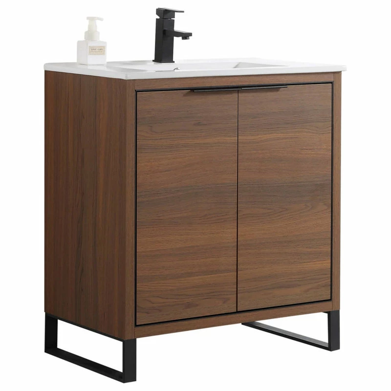 Coupon 🔥 Fine Fixtures Opulence Bath Vanity, White Ceramic Sink, Walnut Ebony, 30", Black Hardware 🤩