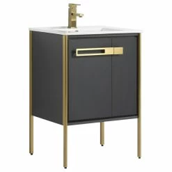 Budget 💯 Fine Fixtures Oakville Bath Vanity, Ceramic Sink, Onix Grey, 24 Inch, Satin Brass Hardware ⌛