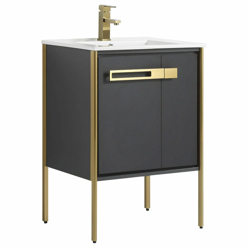 Budget ๐ฏ Fine Fixtures Oakville Bath Vanity, Ceramic Sink, Onix Grey, 24 Inch, Satin Brass Hardware โ