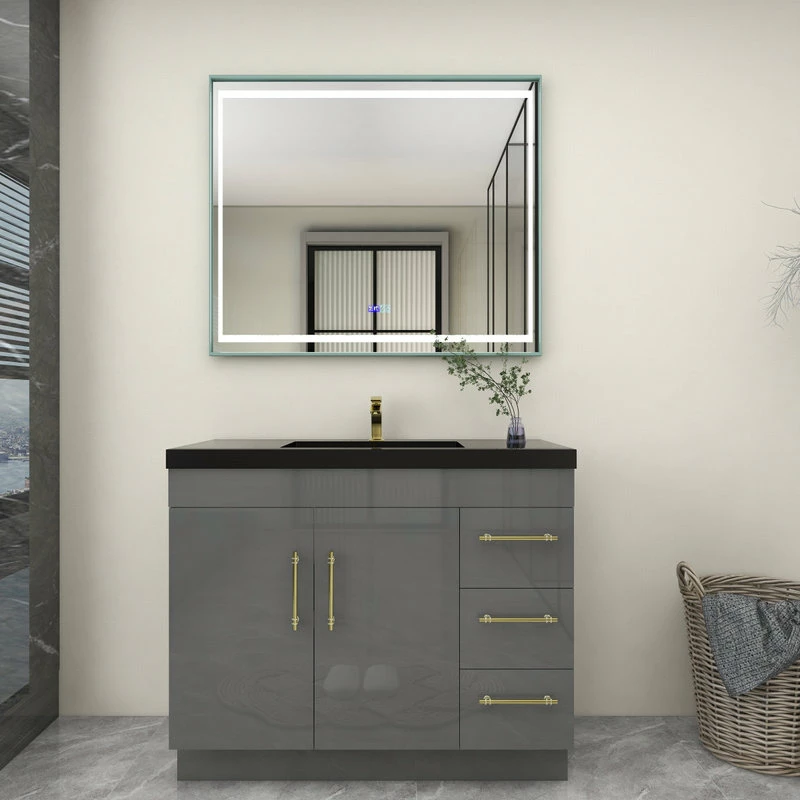 Best Sale ๐ Jade Bath Rosa 42" Free Standing Modern Vanity, High Gloss Gray, Black Top โ - Image 3