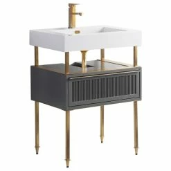 Promo ✨ Fine Fixtures Dakota Vanity, Gray, 24", Satin Brass Hardware 💯