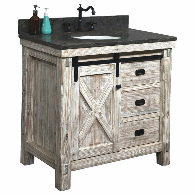 Best Pirce ๐ InFurniture Inc., 37" Rustic Solid Fir Barn Door Style Single Sink Vanity Dark Limestone Top โค๏ธ - Image 4