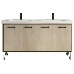 Best deal 🎁 Dowell K&B Supplies Bonnie 60" Double Bathroom Vanity Set White Resin, Tan/Wood-Grain 🛒