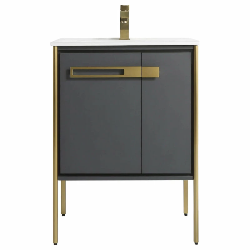 Budget ๐ฏ Fine Fixtures Oakville Bath Vanity, Ceramic Sink, Onix Grey, 24 Inch, Satin Brass Hardware โ - Image 2