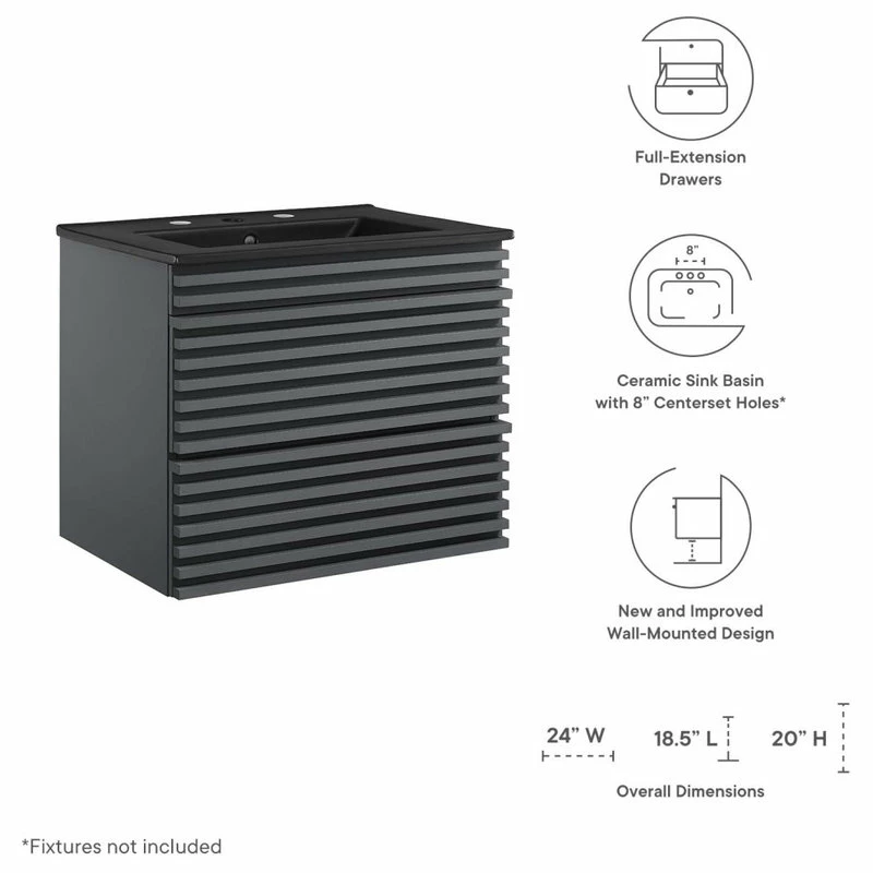 Outlet ✔️ LexMod Render 24" Wall-Mount Bathroom Vanity, Gray Black ❤️ - Image 8