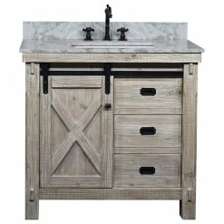 Discount 💯 InFurniture Inc., 37" Rustic Solid Fir Barn Door Style Single Sink Vanity Carrara White Marble Top 👏