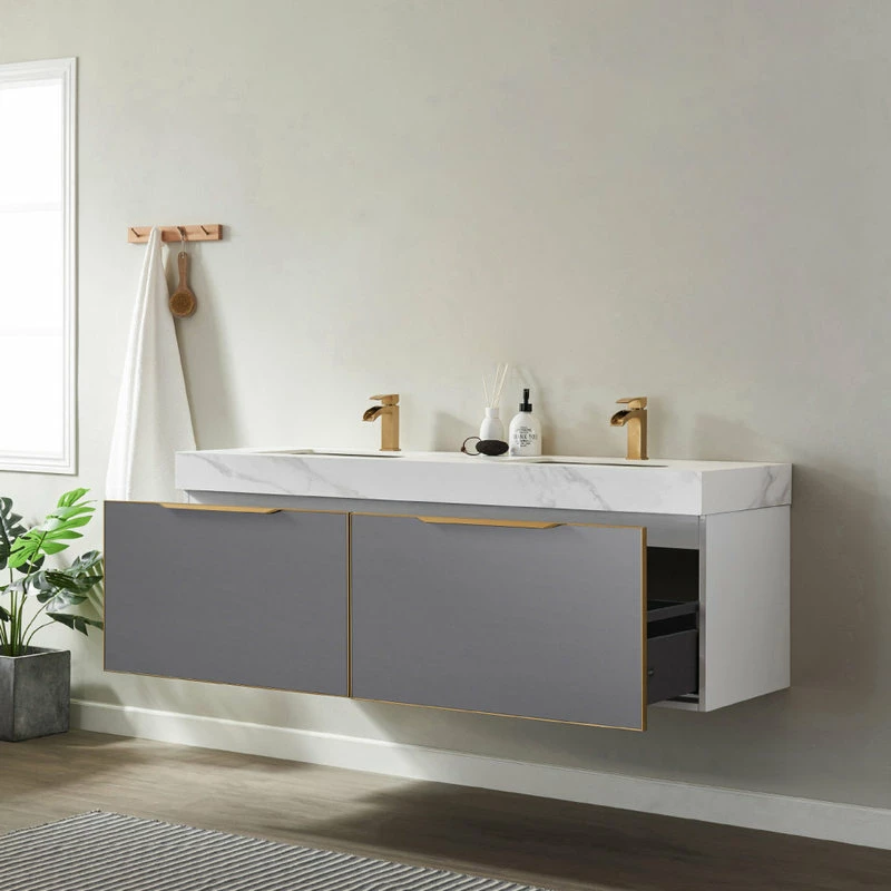 Deals 🔥 Vinnova Alicante Vanity With Stone Countertop, Elegant Grey, 60", Without Mirror 🥰 - Image 4
