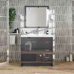 Deals 😍 Eviva LLC Eviva Lugano 36" Gray Modern Bathroom Vanity With White Integrated Top 🌟