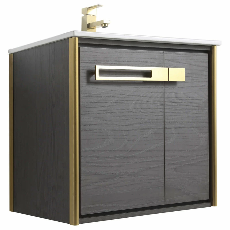 Discount ๐ Fine Fixtures Oakville Wall Mount Bathroom Vanity, Black Coal Oak, 24", Satin Brass Hardware ๐ - Image 4