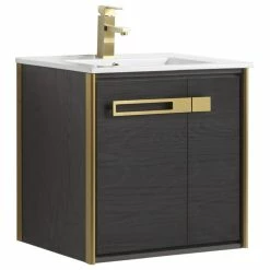 Discount 🔔 Fine Fixtures Oakville Wall Mount Bathroom Vanity, Black Coal Oak, 24", Satin Brass Hardware 🎉