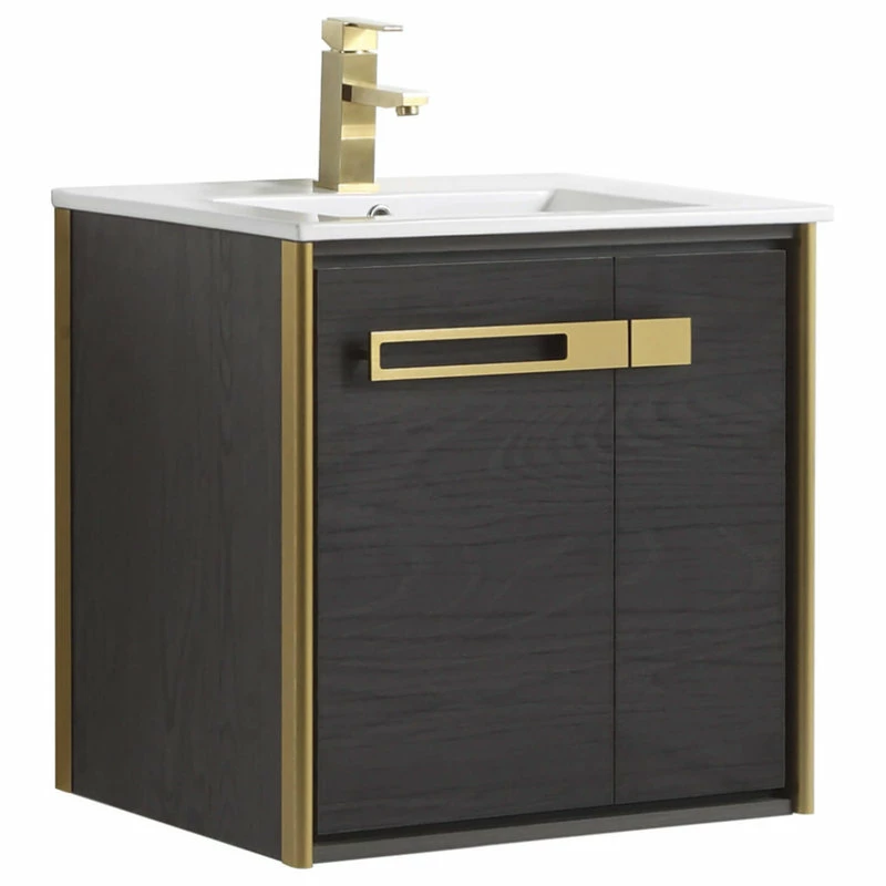 Discount ๐ Fine Fixtures Oakville Wall Mount Bathroom Vanity, Black Coal Oak, 24", Satin Brass Hardware ๐