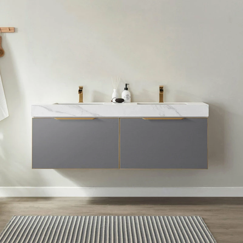Deals 🔥 Vinnova Alicante Vanity With Stone Countertop, Elegant Grey, 60", Without Mirror 🥰 - Image 2