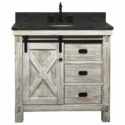 Best Pirce 🎉 InFurniture Inc., 37" Rustic Solid Fir Barn Door Style Single Sink Vanity Dark Limestone Top ❤️