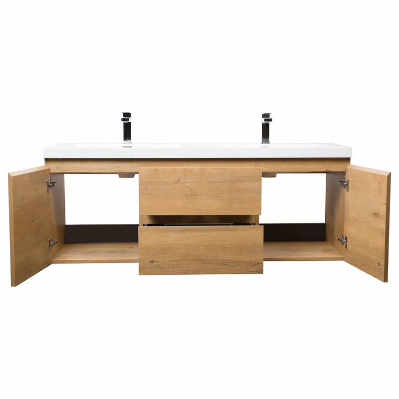 Discount π Concept Baths And Interiors 60" Angela Wall Mounted Modern Double Vanity, Natural Oak βοΈ - Image 2