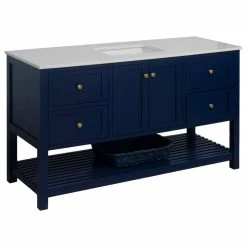 Discount ⌛ Kitchen Bath Collection Lakeshore 60" Single Bathroom Vanity, Royal Blue, Engineered White 🎁